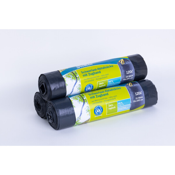 SECOLAN Schwerlast-Abfallsäcke 120 Liter grau/schwarz mit Zugband 15x10 Säcke