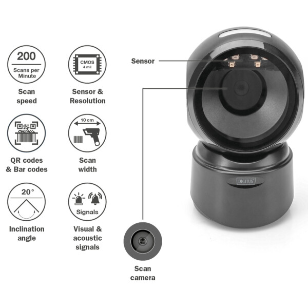 DIGITUS 1D 2D Desktop USB-Barcode Scanner, schwarz