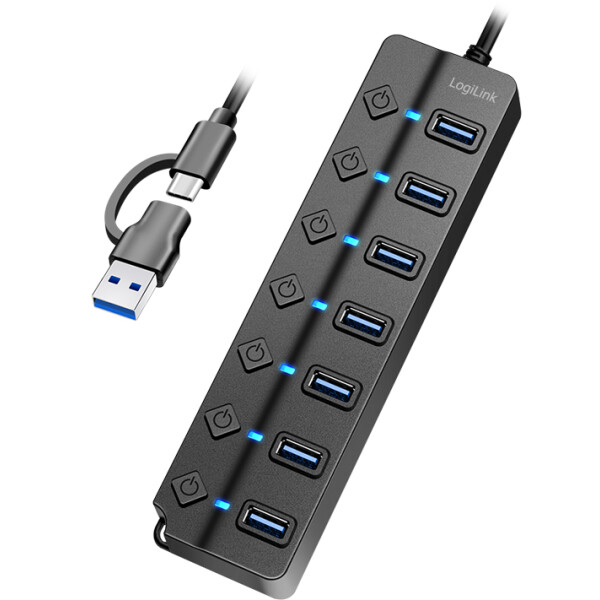 LogiLink USB 3.2 Hub, 7 Port, mit Ein- Ausschalter, schwarz