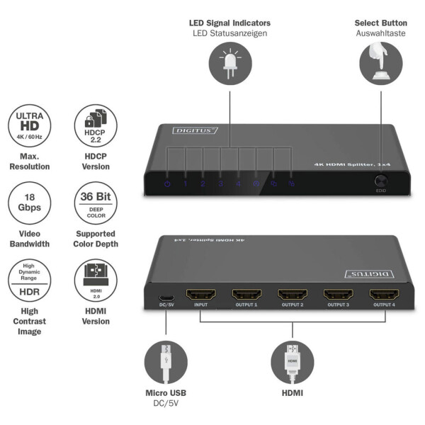 DIGITUS 4K HDMI Splitter, 1x4, 4K 60Hz HDCP 2.2, schwarz