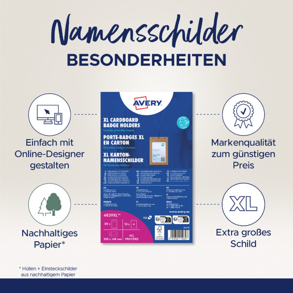 AVERY Namensschilder-Tasche XL, aus Karton, 105 x 148 mm