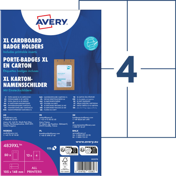AVERY Namensschilder-Tasche XL, aus Karton, 105 x 148 mm