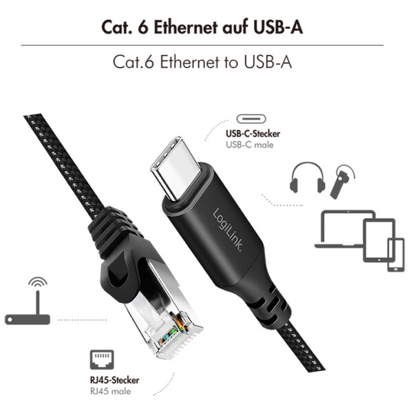 LogiLink USB 3.2 Ethernet-Kabel, USB-C - RJ45 Stecker, 1,5 m