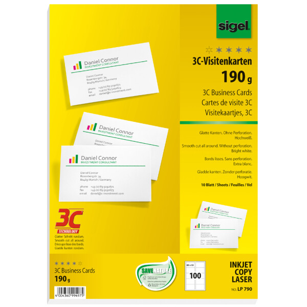 sigel Visitenkarten 3C, 85 x 55 mm, 250 g qm, hochweiß