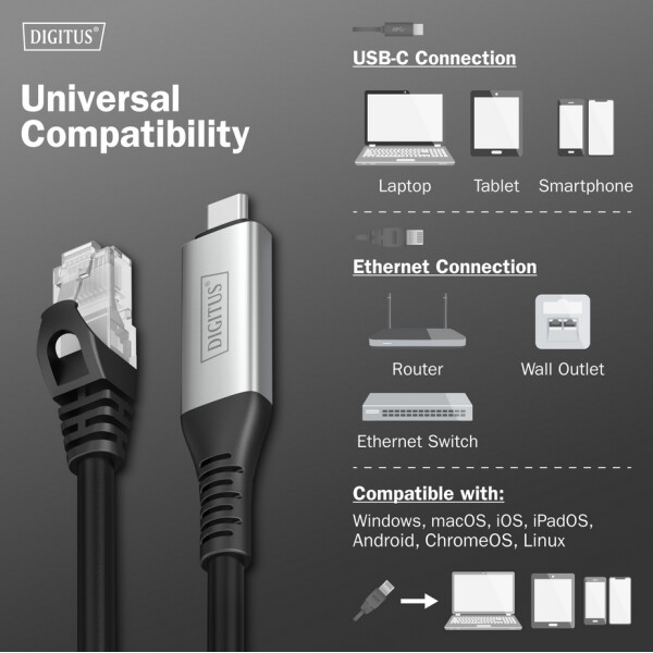 DIGITUS USB 3.2 Ethernet-Kabel, USB-C - RJ45 Stecker, 2,0 m