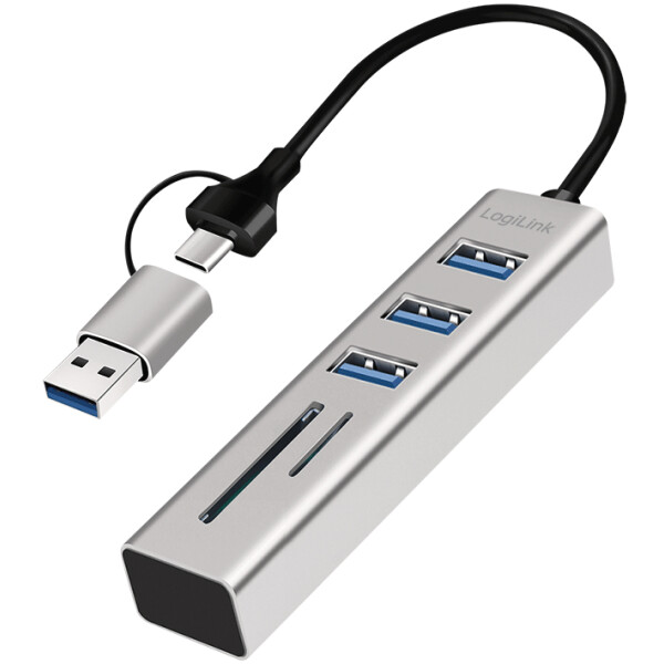 LogiLink USB 3.0 Hub mit Kartenleser, 3-Port, silber