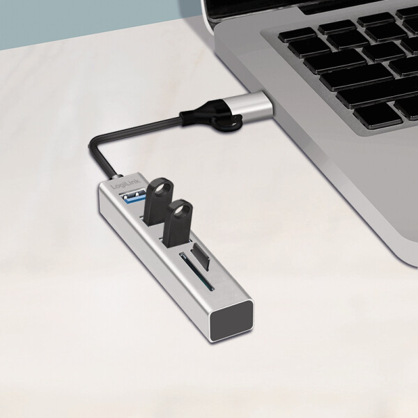 LogiLink USB 3.0 Hub mit Kartenleser, 3-Port, silber