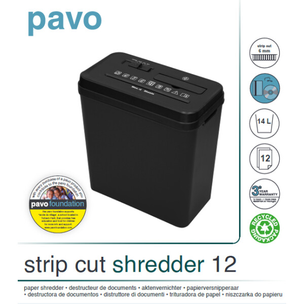 pavo Aktenvernichter Stripcut 12, Streifen 6 mm, schwarz