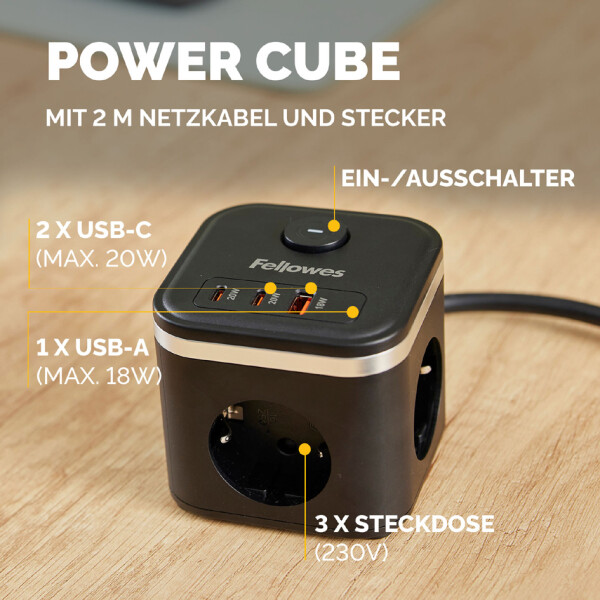 Fellowes Steckdosenw&uuml;rfel Power Cube, Typ F, schwarz