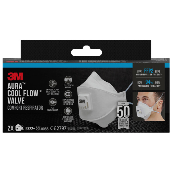 3M Atemschutzmaske Aura Comfort Cool Flow 9322+, FFP2, 2er
