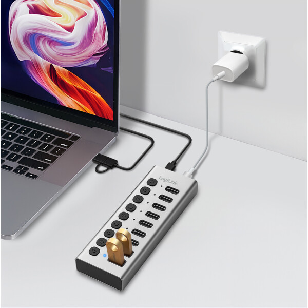 LogiLink USB 3.2 Hub, 10-Port, mit Ein- Ausschalter, silber
