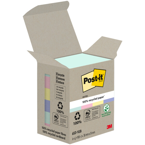 Post-it Haftnotizen Recycling notes, 51 x 38 mm, mehrfarbig