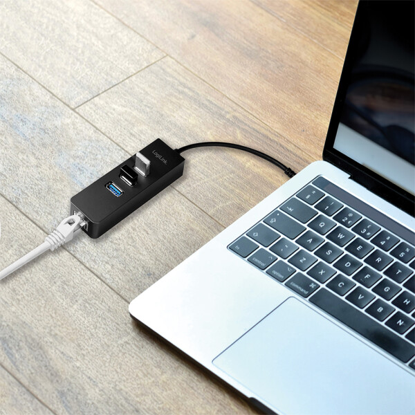 LogiLink USB 3.0 auf Gigabit Adapter, 3-Port USB Hub,schwarz