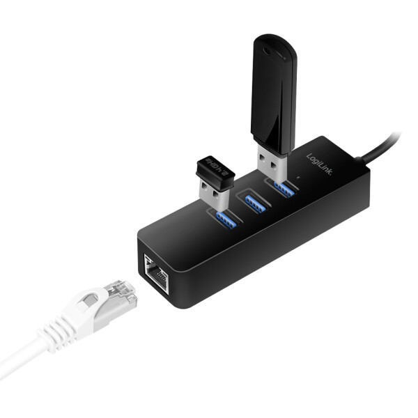 LogiLink USB 3.0 auf Gigabit Adapter, 3-Port USB Hub,schwarz
