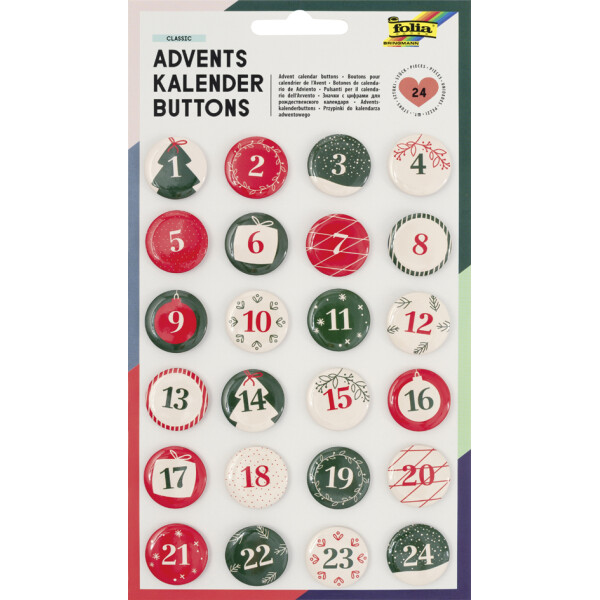 folia Adventskalender-Buttons PERLMUTT, aus Blech, 1 - 24