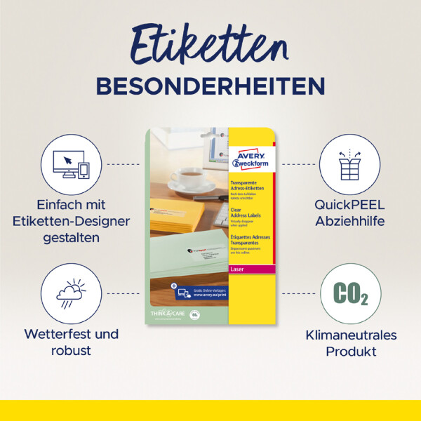 AVERY Zweckform Transparente Adress-Etiketten, 99,1 x 33,9mm