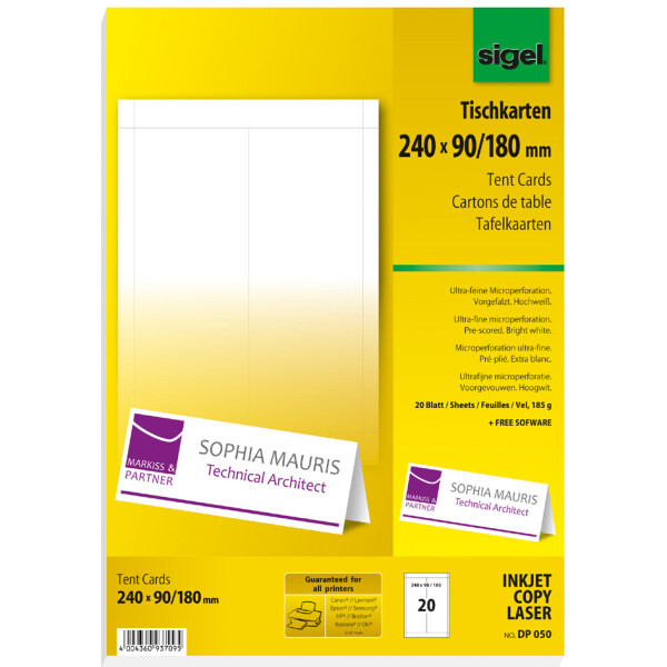 sigel Tischkarte, hochweiß, 185 g qm, 240 x 90 180 mm