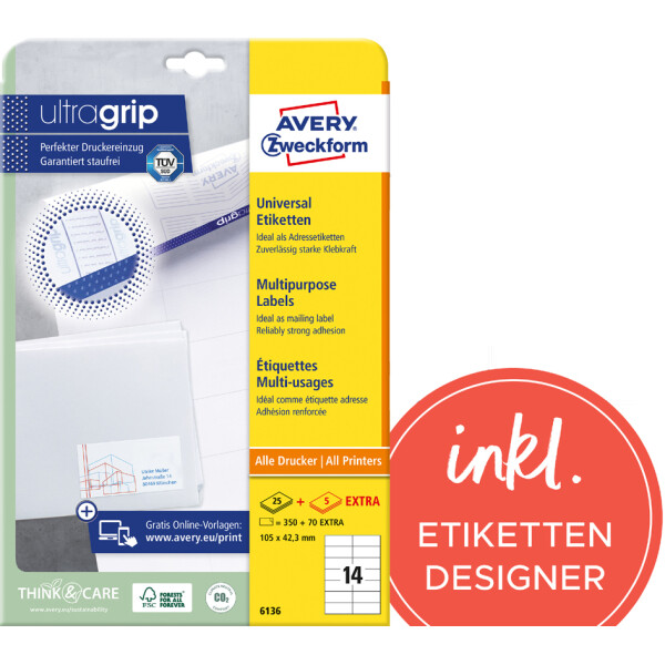 AVERY Zweckform Universal-Etiketten, 64,6 x 33,8 mm, wei&szlig;