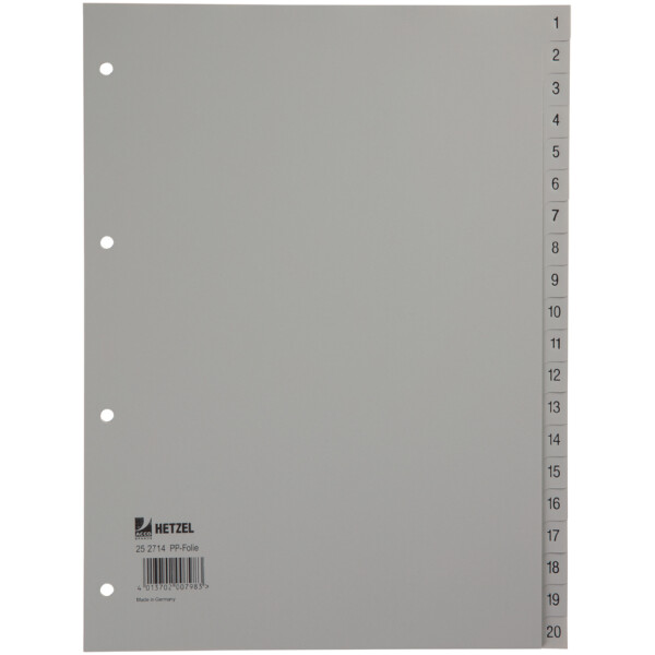 HETZEL Kunststoff-Register, Zahlen, A4, 1-20, PP, grau