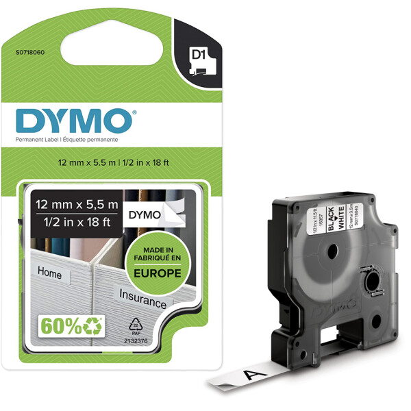DYMO D1 Schriftbandkassette schwarz weiß, 19 mm x 5,5 m