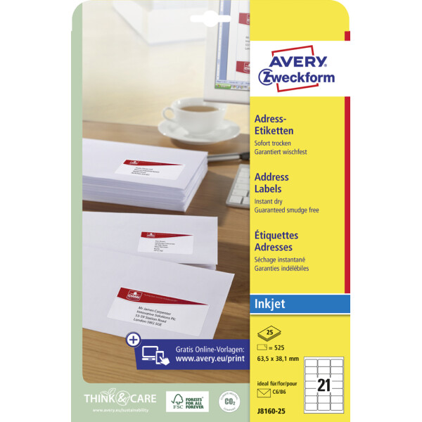 AVERY Zweckform Inkjet Adress-Etiketten, 63,5 x 33,9 mm