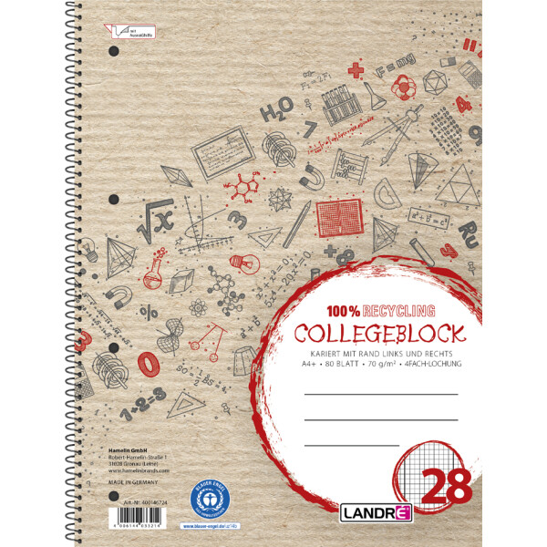 LANDRÉ Collegeblock Recycling, DIN A4, kariert, 80 Blatt