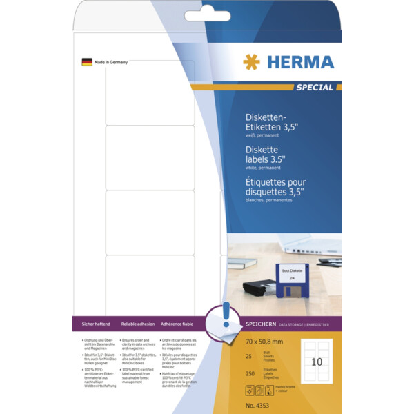 HERMA Disketten-Etiketten 3,5" SPECIAL, 70 x 50,8 mm, weiß