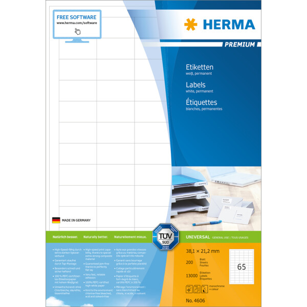 HERMA Universal-Etiketten PREMIUM, 70 x 37 mm, weiß