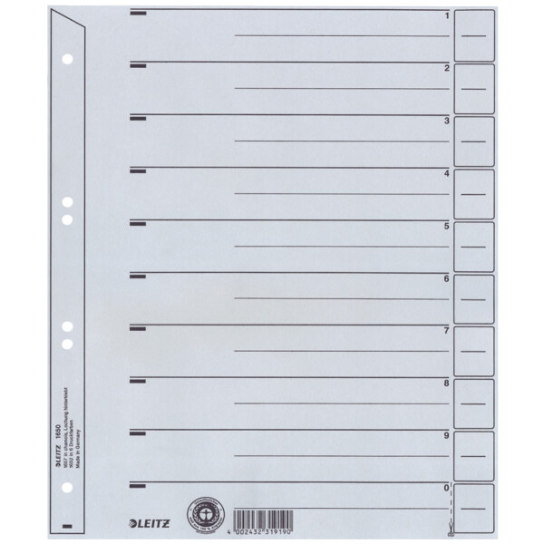 LEITZ Trennbl&auml;tter, A4 &Uuml;berbreite, Kraftkarton 200g qm, grau