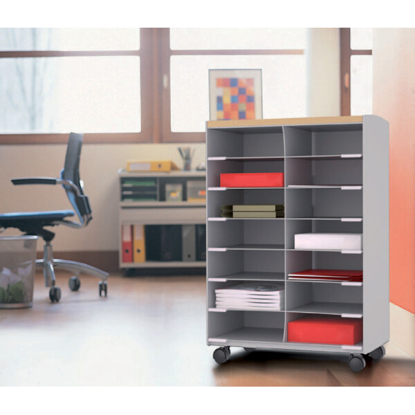 PAPERFLOW Rollwagen, 14 Fächer, grau buche