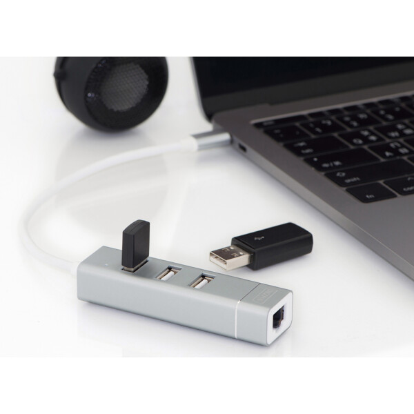 DIGITUS USB 2.0 auf Fast Ethernet Adapter, 3-Port USB Hub