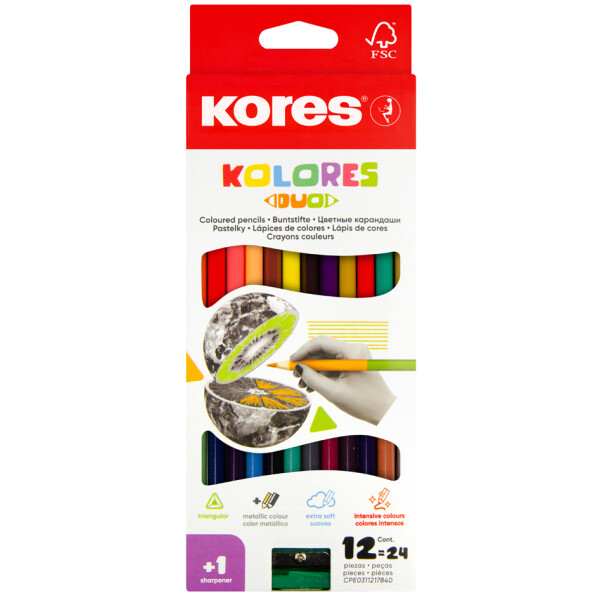 Kores Dreikant-Buntstifte "DUO", 12er Karton-Etui + Spitzer