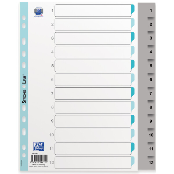 Oxford Kunststoff-Register, Zahlen,A4, grau, 12-teilig, Ü.b.