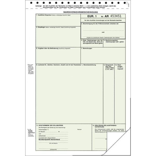 RNK Verlag Vordruck "Warenverkehrsbescheinigung EUR.1"