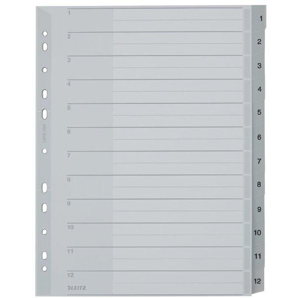 LEITZ Kunststoff-Register, Zahlen, A4 &Uuml;berbreite, 1-12, grau