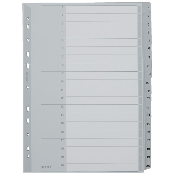 LEITZ Kunststoff-Register, Zahlen, A4 &Uuml;berbreite, 1-12, grau