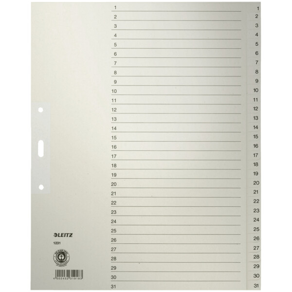 LEITZ Tauenpapier-Register, Zahlen, A4 Überbreite, 1-10,grau