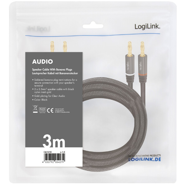 LogiLink Lautsprecherkabel, 2 x 2 Bananenstecker, 3,0 m