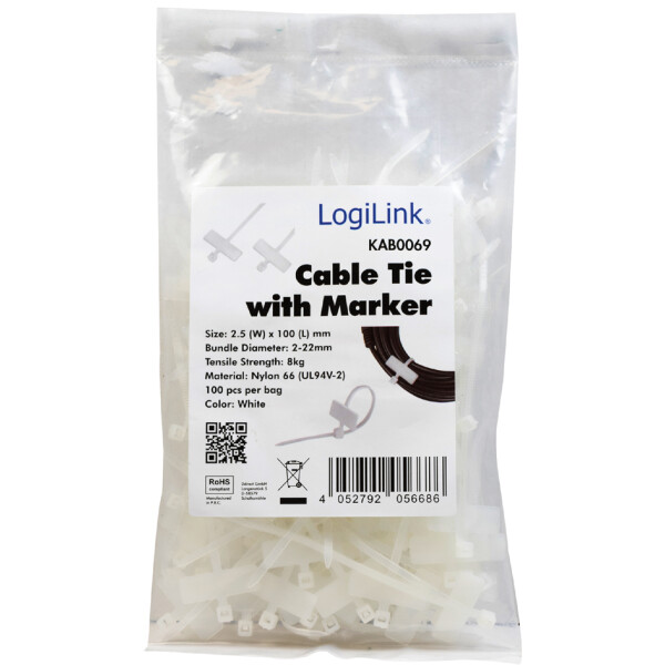 LogiLink Kabelbinder mit Beschriftungsfeld, Nylon, weiß