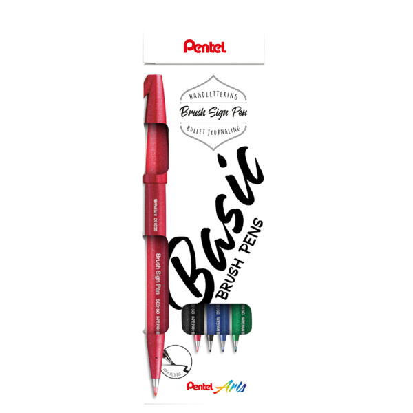 PentelArts Faserschreiber Brush Sign Pen, 4er Etui, Basic