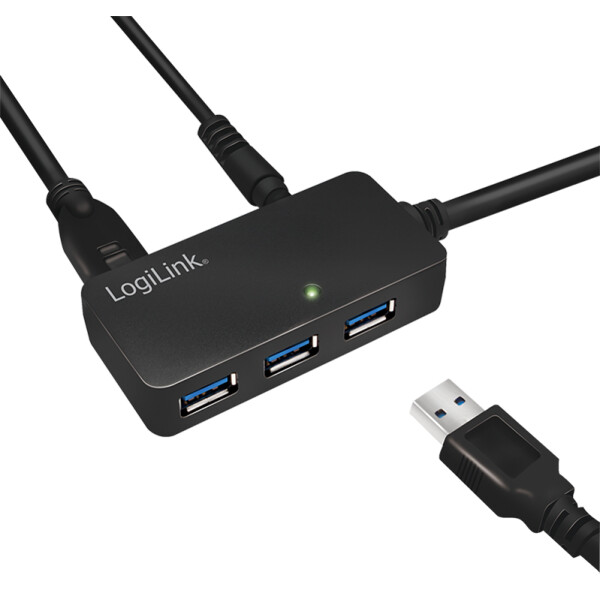 LogiLink USB 3.0 Aktives Verlängerungskabel mit USB-Hub, 10m