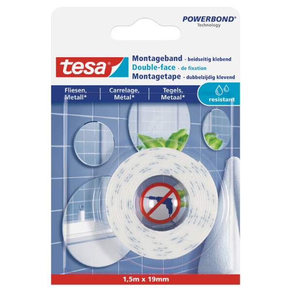 tesa Powerbond Montageband f&uuml;r Fliesen Metall, 19 mm x 1,5 m