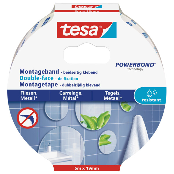 tesa Powerbond Montageband f&uuml;r Fliesen Metall, 19 mm x 1,5 m