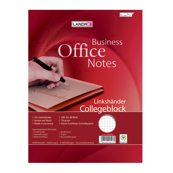 LANDRÉ Linkshänder-Collegeblock, DIN A4, kariert, 80 Blatt