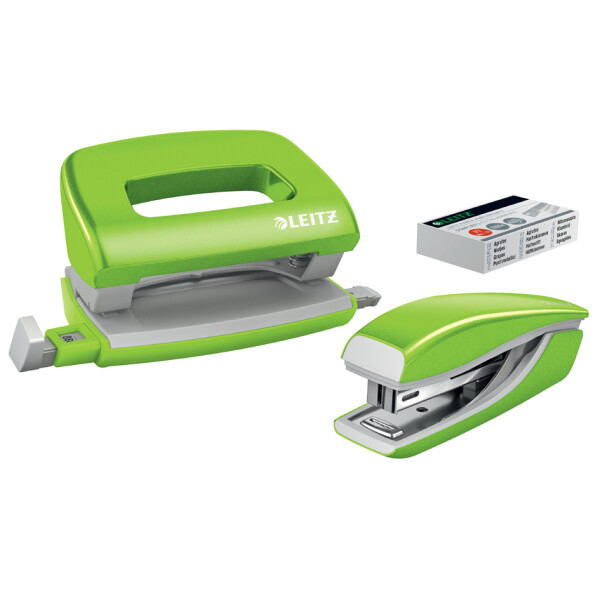 LEITZ Heftgerät- & Locher-Set Mini NeXXt WOW, grün