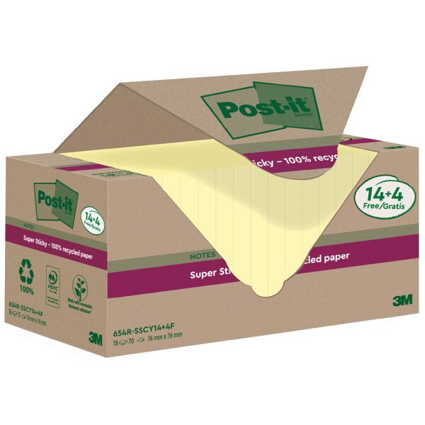 Post-it Super Sticky Recycling Notes, 76 x 76 mm, gelb