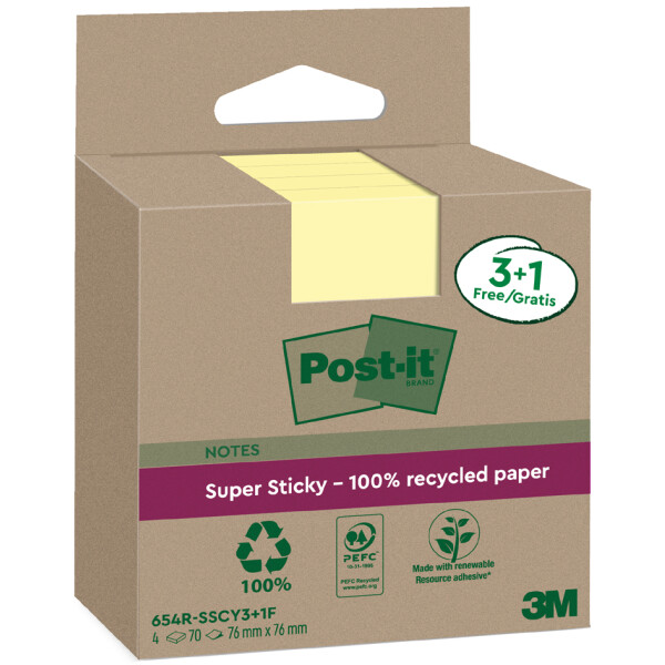 Post-it Super Sticky Recycling Notes, 76 x 76 mm, gelb