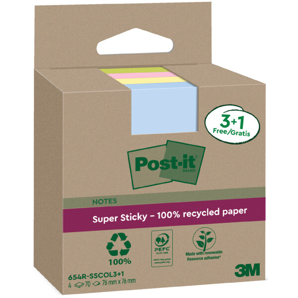 Post-it Super Sticky Recycling Notes, 76 x 76 mm, farbig
