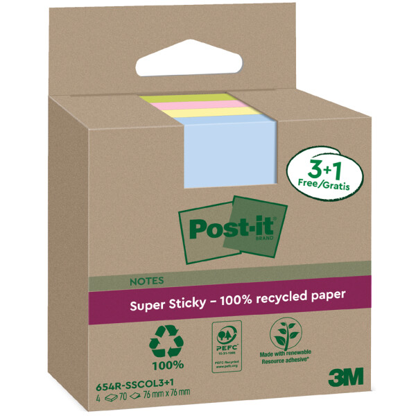 Post-it Super Sticky Recycling Notes, 47,6 x 47,6 mm, farbig