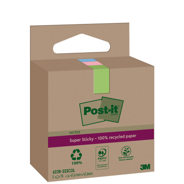 Post-it Super Sticky Recycling Notes, 47,6 x 47,6 mm, farbig